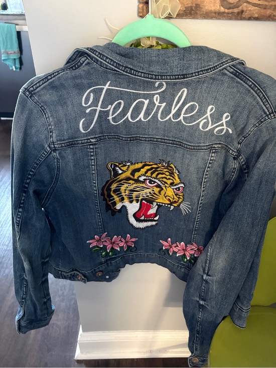torrid Jackets & Blazers - torrid Denim Jean Jacket with Embroidered Tiger & 'Fearless' Script - Blue